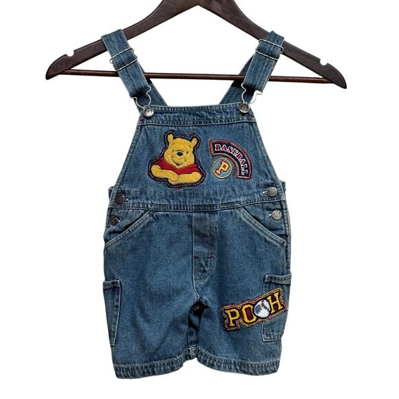 Vintage Disney Winnie the Pooh Baseball Denim Overalls Shortalls – Size 2T - Picture 1 of 8